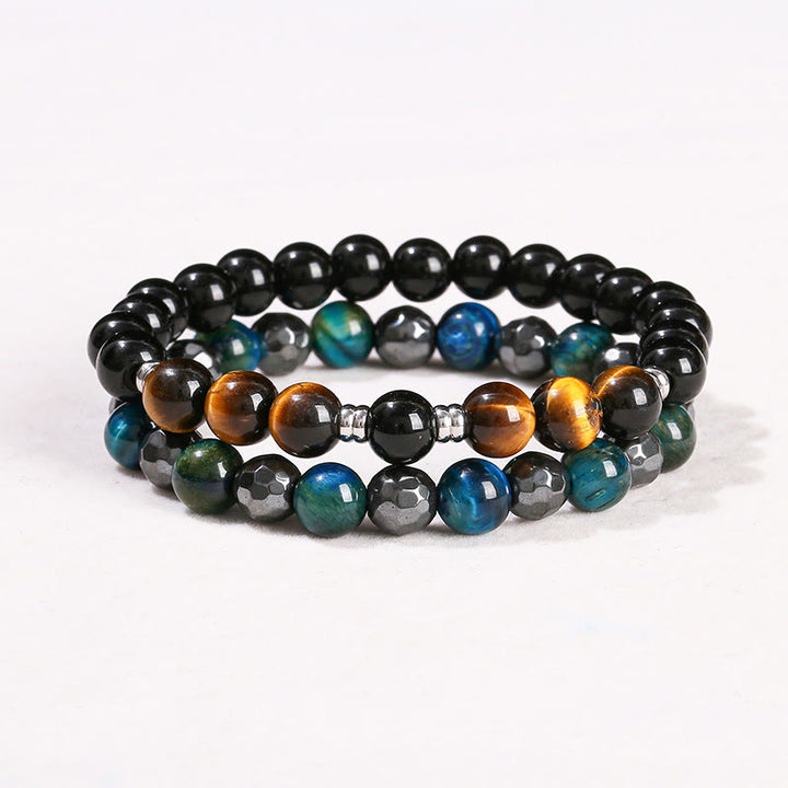 Buddha Stones Set van 2 krachtige Armband van hematiet en blauwe tijgeroog. - Hematiet Tijgeroog Blauwe Tijgeroog (Polsomtrek: 14-16 cm) - image 0