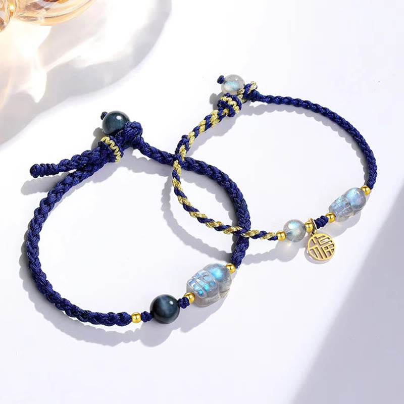 Buddha Stones Maansteen PiXiu Blauwe Tijgeroog Fu Karakter Genezende Paar Armband - Blauw & Blauw Goud Fu-personage - image 0