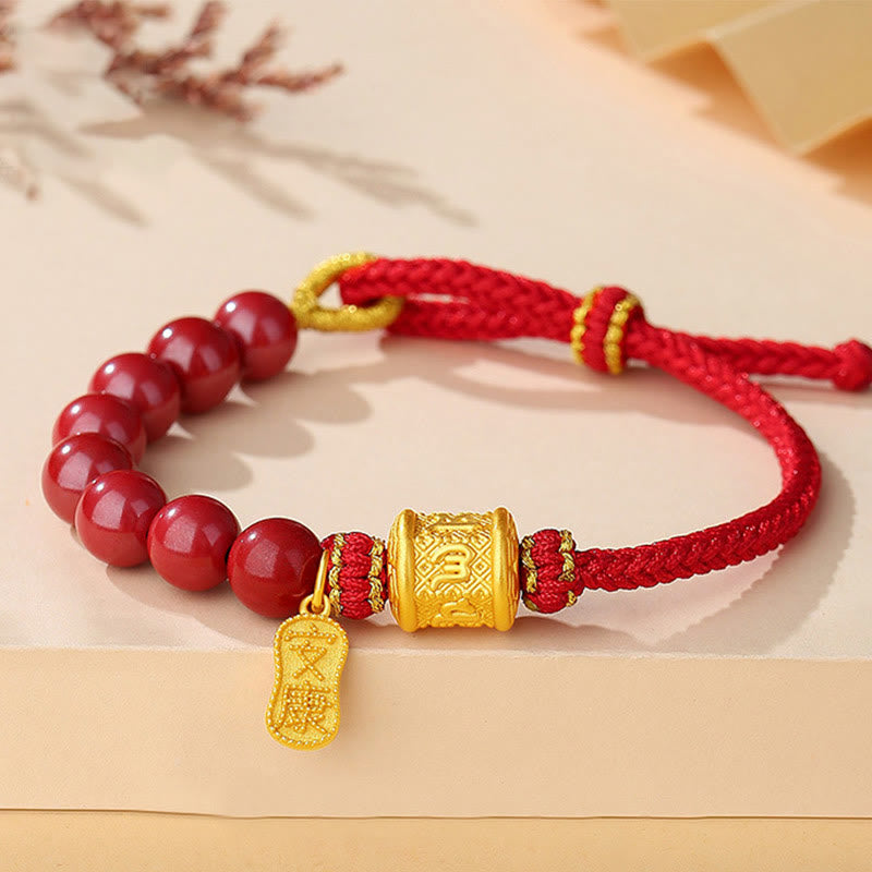 Buddha Stones Armband van 999 sterling zilver met de zes ware woorden Om Mani Padme Hum en een cinnaber zegen. - Cinnaber (Polsomtrek: 14-25 cm) - image 0