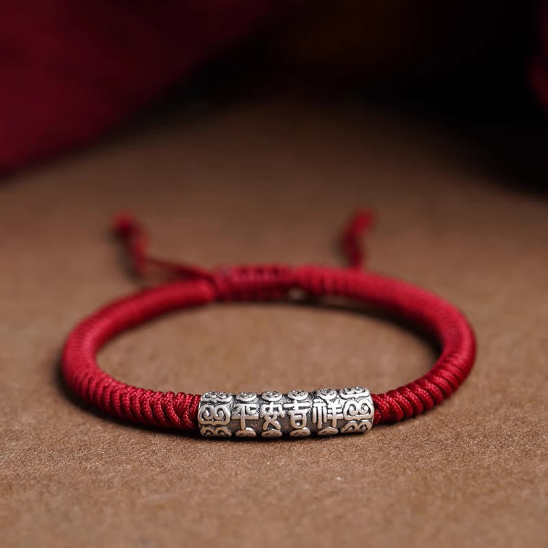 Buddha Stones Handgemaakte Armband van 999 sterling zilver met het symbool van vrede en geluk : Om Mani Padme Hum. - Donkerrood (Polsomtrek 14-20 cm) - Vrede en voorspoed - image 0