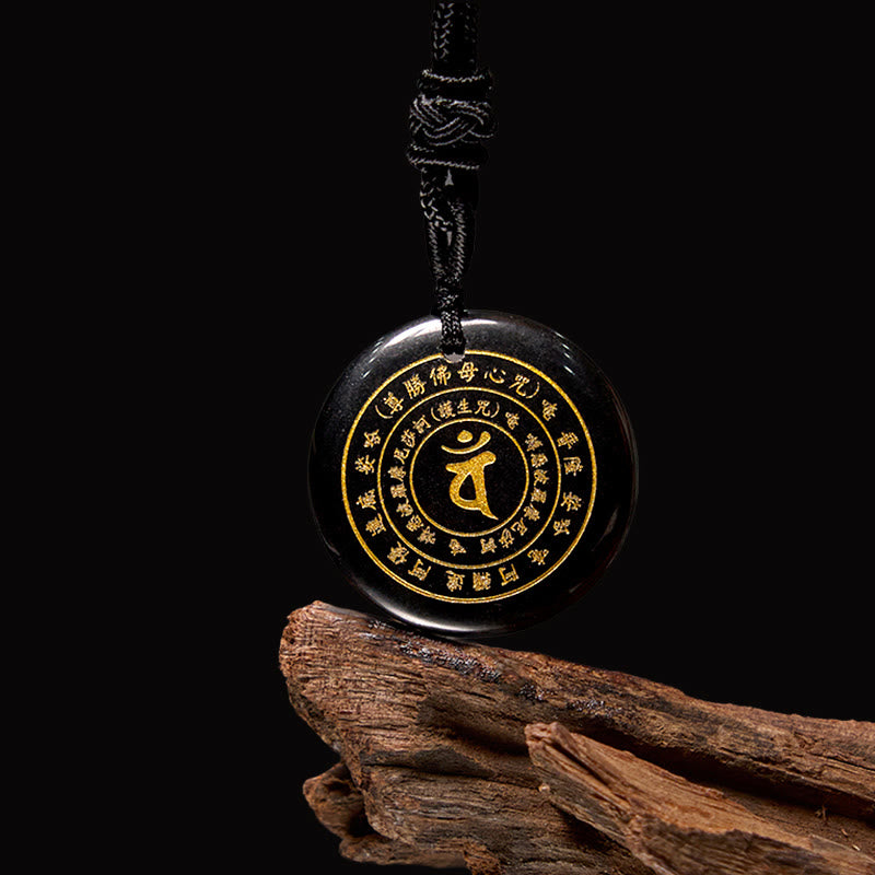 Buddha Stones Vairocana Tathagata Sanskriet Mantra Ketting met diverse kristallen, zwarte obsidiaan, groene aventurijn en kracht. - Zwarte obsidiaan - image 0