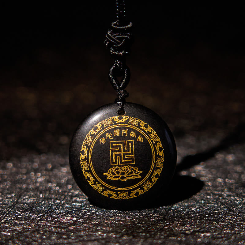 Buddha Stones Ketting met hakenkruis en lotusmotief, gemaakt van natuurlijke, diverse kristallen en zwarte obsidiaan. - Zwarte obsidiaan - image 0