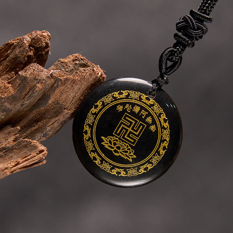 Buddha Stones Ketting met hakenkruis en lotusmotief, gemaakt van natuurlijke, diverse kristallen en zwarte obsidiaan. - image 1