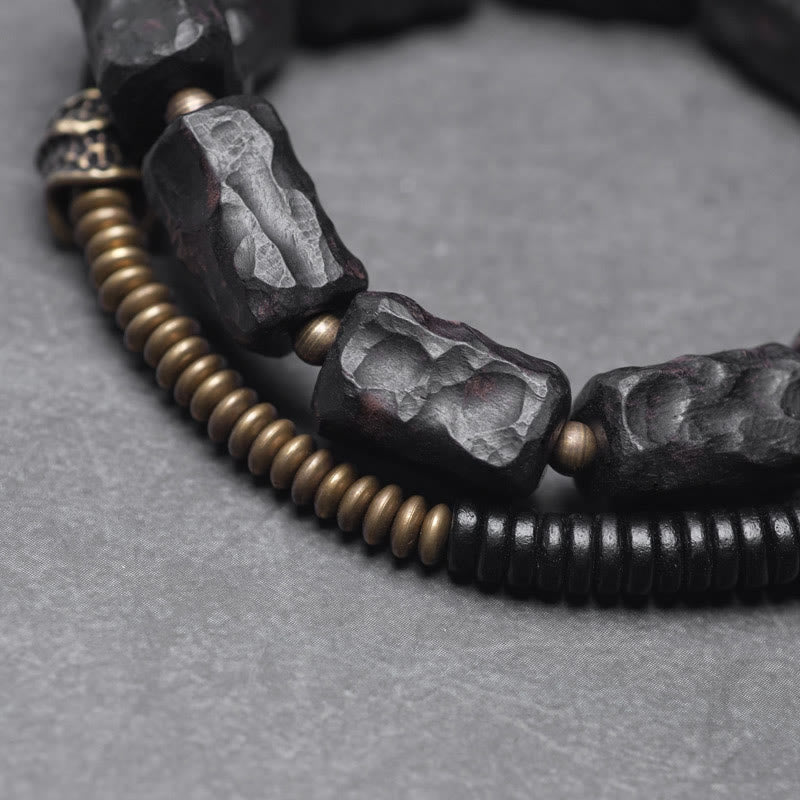 Buddha Stones Ebbenhouten armband van koper, messing en rode agaat met vredesmotief, dubbele Armband - image 1