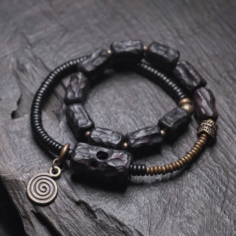 Buddha Stones Ebbenhouten armband van koper, messing en rode agaat met vredesmotief, dubbele Armband - Ebbenhout messing legering - 17-17,5 cm - image 0