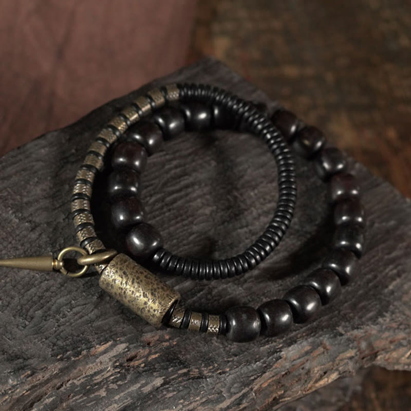 Buddha Stones Ebbenhouten, koperen en messing vintage kralen kegelvormige dubbele wikkel Armband - image 1