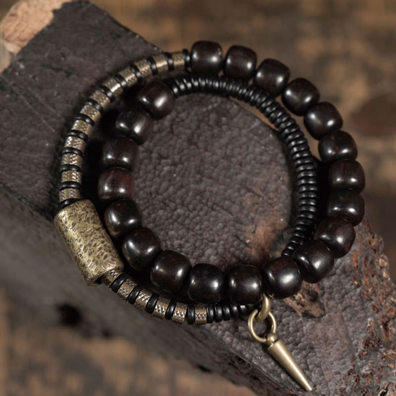Buddha Stones Ebbenhouten, koperen en messing vintage kralen kegelvormige dubbele wikkel Armband - Ebbenhout Messing (Polsomtrek: 17-17,5 cm) - image 0