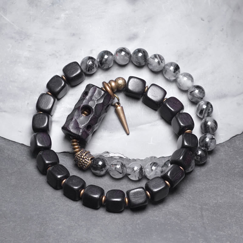 Buddha Stones Ebbenhouten, zwarte rutielkwarts, koperen en messing dubbele Armband voor balans - Ebbenhout, zwart rutielkwarts, messing (Polsomtrek: 17-17,5 cm) - image 0