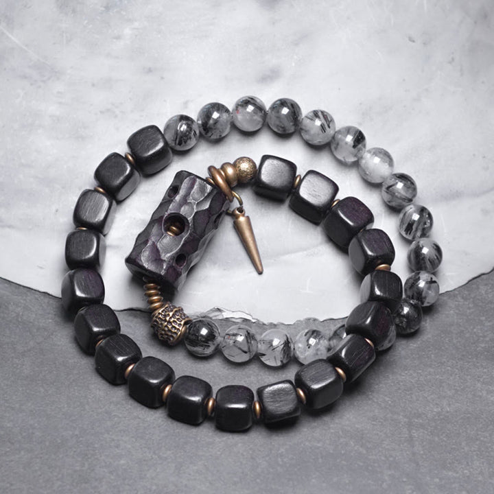 Buddha Stones Ebbenhouten, zwarte rutielkwarts, koperen en messing dubbele Armband voor balans - Ebbenhout, zwart rutielkwarts, messing (Polsomtrek: 17-17,5 cm) - image 0