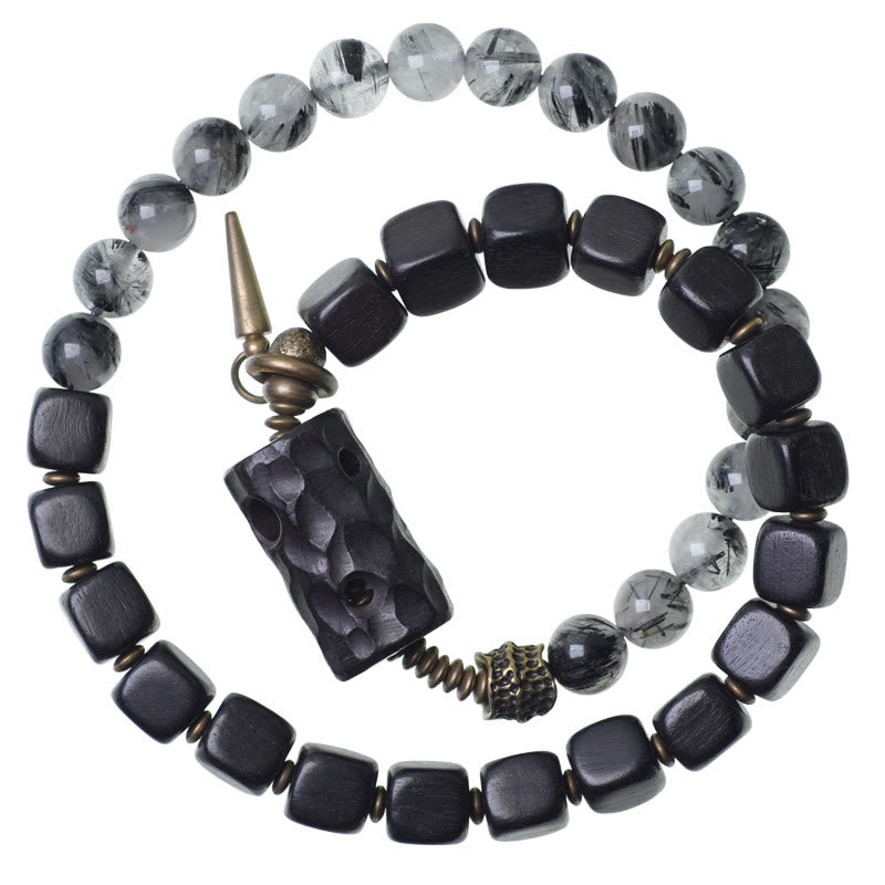 Buddha Stones Ebbenhouten, zwarte rutielkwarts, koperen en messing dubbele Armband voor balans - image 12