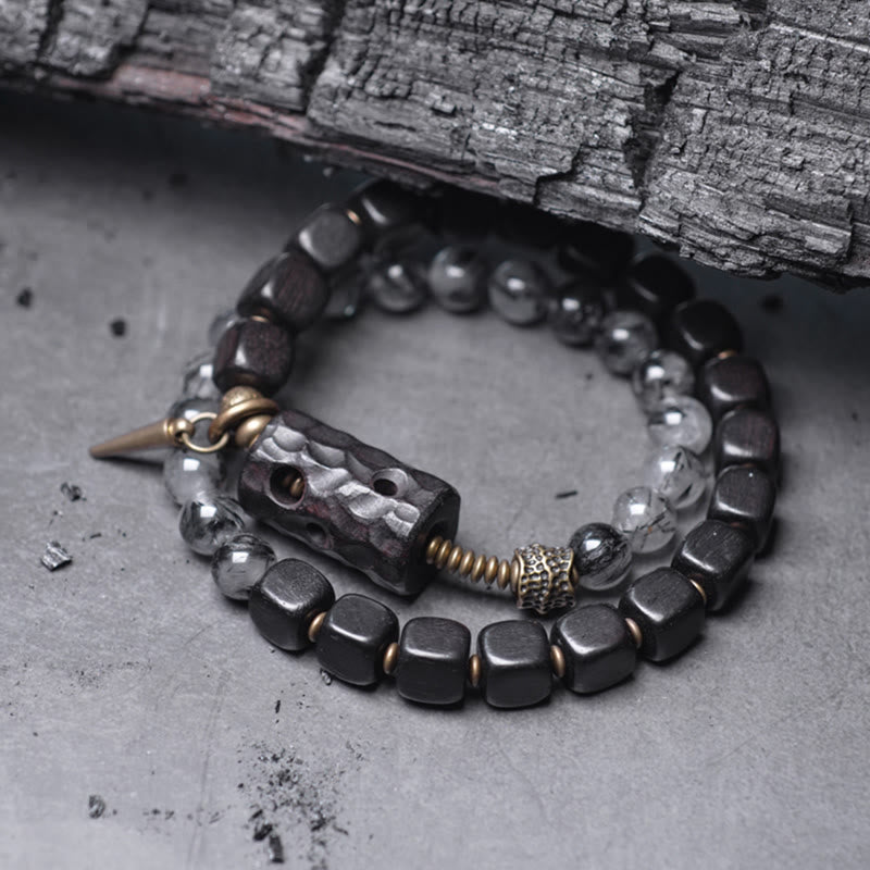 Buddha Stones Ebbenhouten, zwarte rutielkwarts, koperen en messing dubbele Armband voor balans - image 1