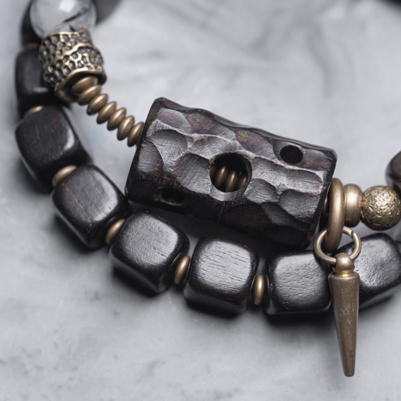 Buddha Stones Ebbenhouten, zwarte rutielkwarts, koperen en messing dubbele Armband voor balans - image 2
