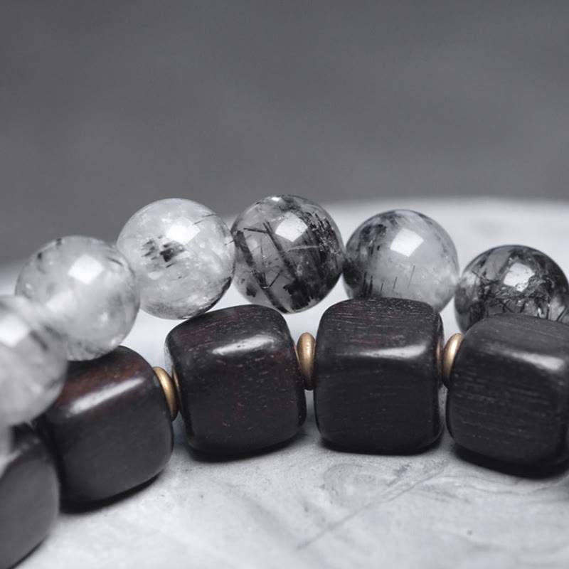 Buddha Stones Ebbenhouten, zwarte rutielkwarts, koperen en messing dubbele Armband voor balans - image 8