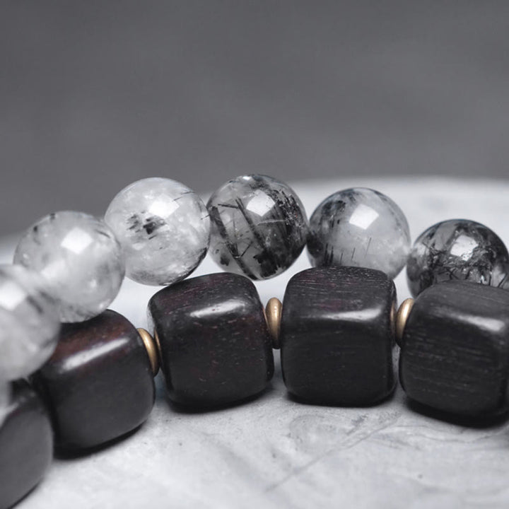 Buddha Stones Ebbenhouten, zwarte rutielkwarts, koperen en messing dubbele Armband voor balans - image 8