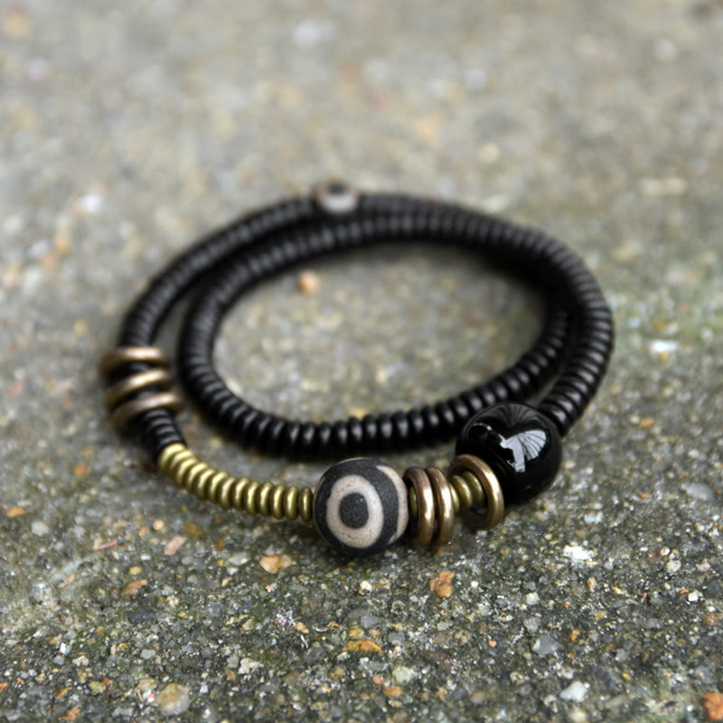 Buddha Stones Ebbenhout, groen sandelhout, koper, messing, Dzi-kraal, zwarte onyx, rustgevende dubbele Armband - Ebbenhout, messing, Dzi-kraal, zwarte onyx - 17-17,5 cm - image 0
