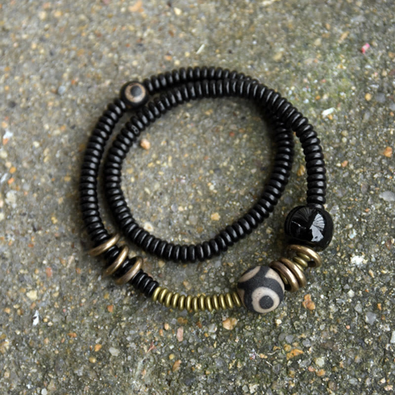 Buddha Stones Ebbenhout, groen sandelhout, koper, messing, Dzi-kraal, zwarte onyx, rustgevende dubbele Armband - image 1