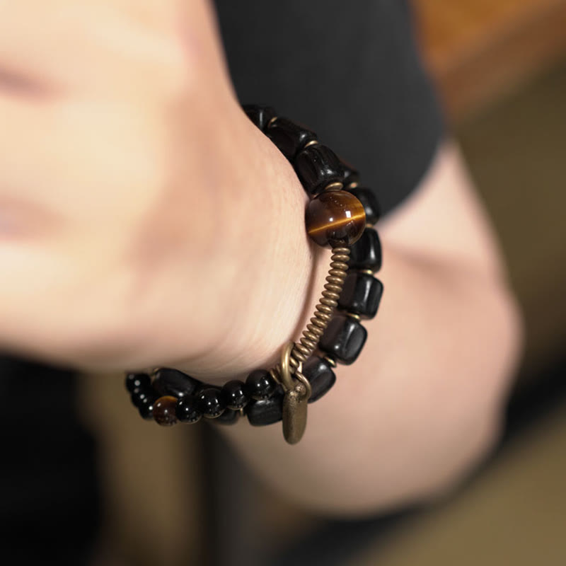 Buddha Stones Ebbenhouten armband van koper en messing met tijgeroog en vredesmotief, dubbele Armband - image 14