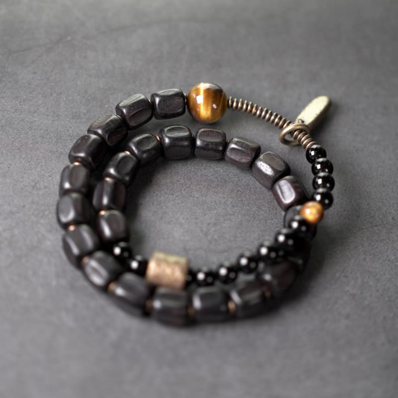 Buddha Stones Ebbenhouten armband van koper en messing met tijgeroog en vredesmotief, dubbele Armband - image 1