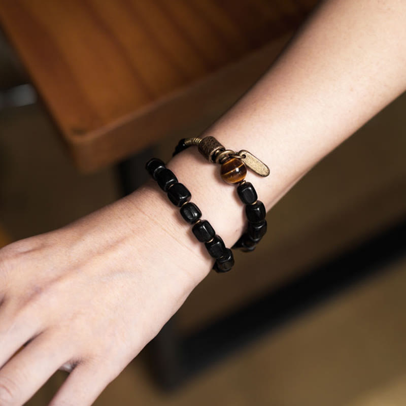 Buddha Stones Ebbenhouten armband van koper en messing met tijgeroog en vredesmotief, dubbele Armband - image 13
