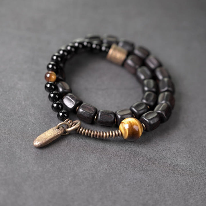 Buddha Stones Ebbenhouten armband van koper en messing met tijgeroog en vredesmotief, dubbele Armband - image 8