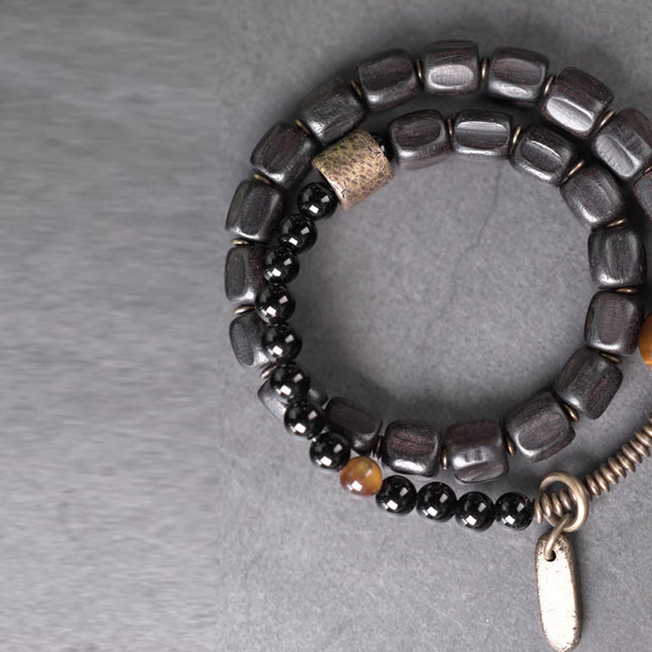 Buddha Stones Ebbenhouten armband van koper en messing met tijgeroog en vredesmotief, dubbele Armband - image 10