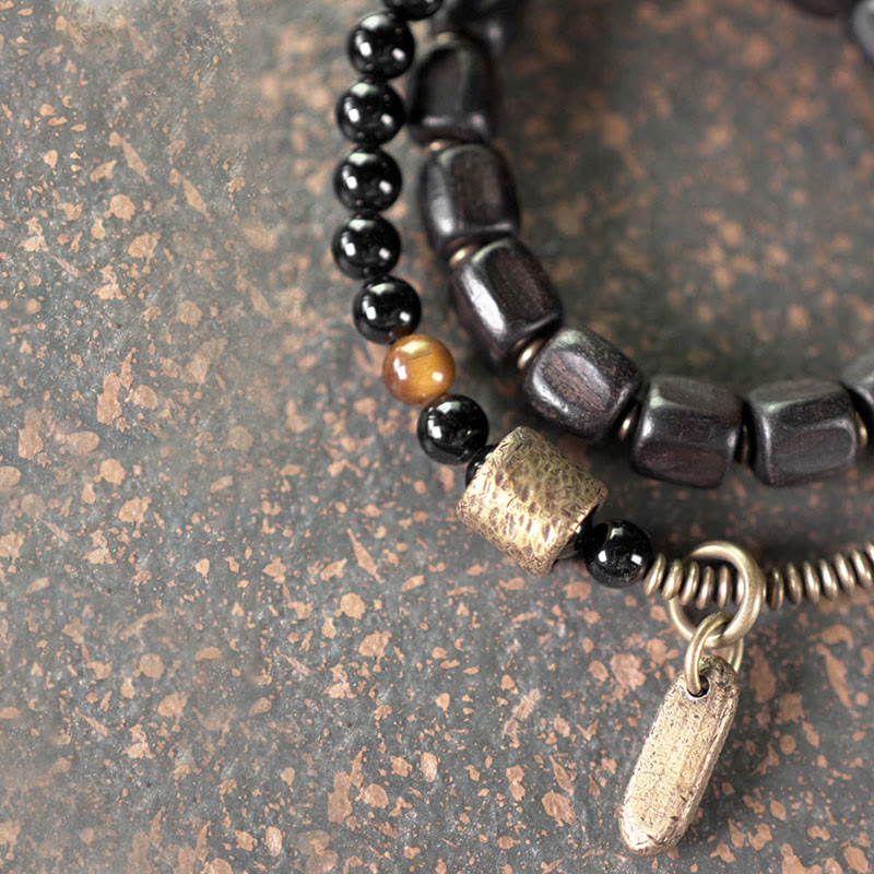 Buddha Stones Ebbenhouten armband van koper en messing met tijgeroog en vredesmotief, dubbele Armband - image 2