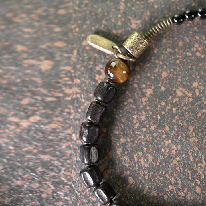 Buddha Stones Ebbenhouten armband van koper en messing met tijgeroog en vredesmotief, dubbele Armband - image 16