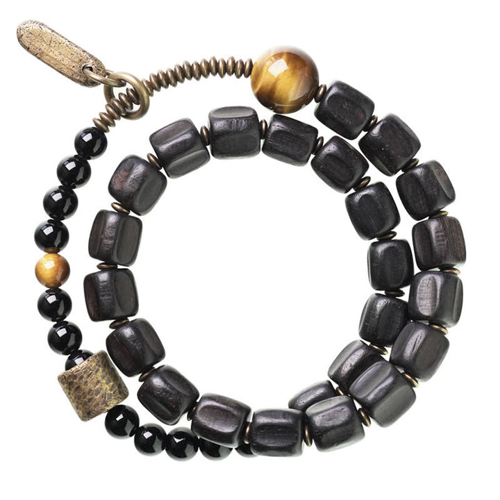 Buddha Stones Ebbenhouten armband van koper en messing met tijgeroog en vredesmotief, dubbele Armband - image 17