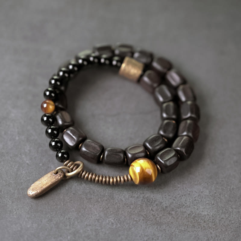 Buddha Stones Ebbenhouten armband van koper en messing met tijgeroog en vredesmotief, dubbele Armband - Ebbenhout met messing tijgeroog (Polsomtrek: 17-17,5 cm) - image 0