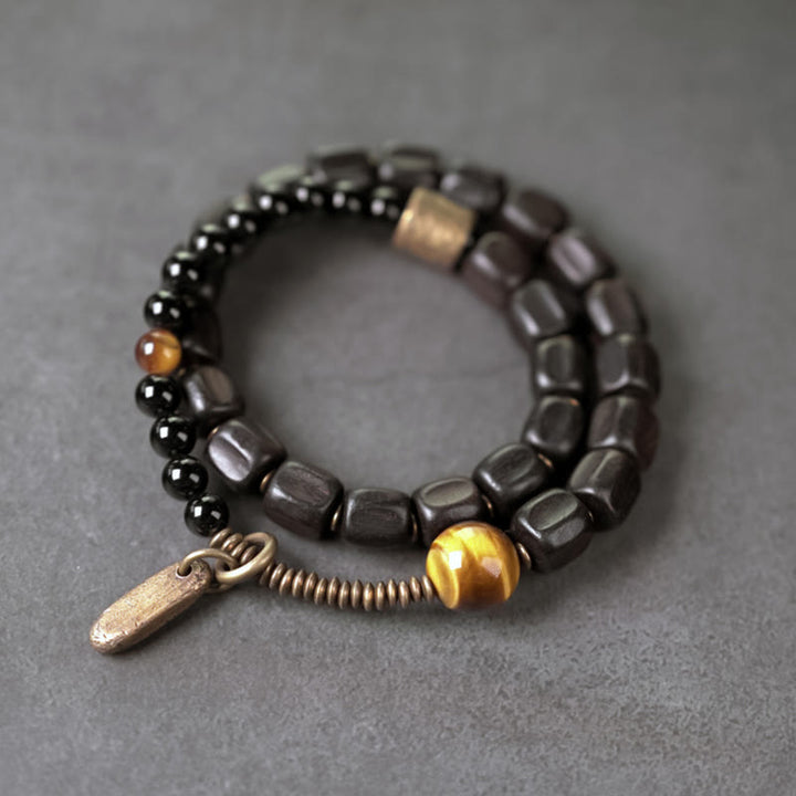 Buddha Stones Ebbenhouten armband van koper en messing met tijgeroog en vredesmotief, dubbele Armband - Ebbenhout met messing tijgeroog (Polsomtrek: 17-17,5 cm) - image 0