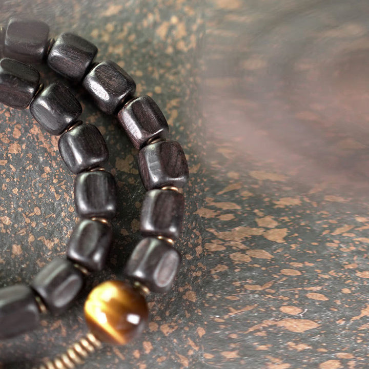 Buddha Stones Ebbenhouten armband van koper en messing met tijgeroog en vredesmotief, dubbele Armband - image 15