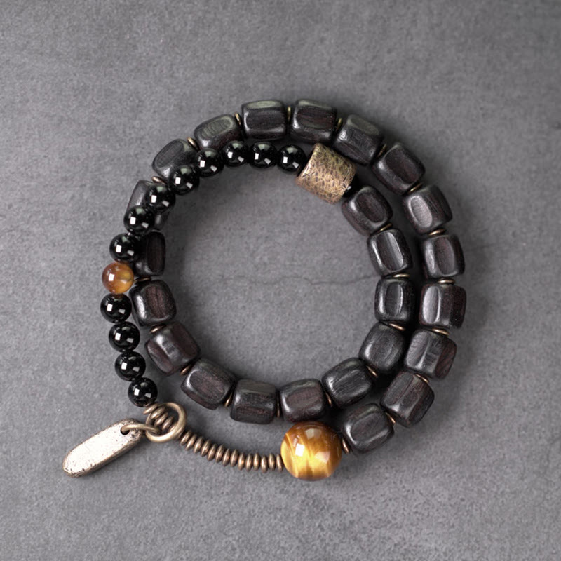 Buddha Stones Ebbenhouten armband van koper en messing met tijgeroog en vredesmotief, dubbele Armband - image 7