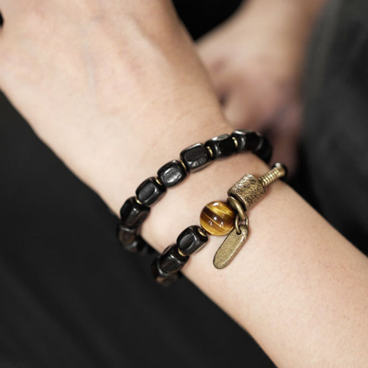 Buddha Stones Ebbenhouten armband van koper en messing met tijgeroog en vredesmotief, dubbele Armband - image 12