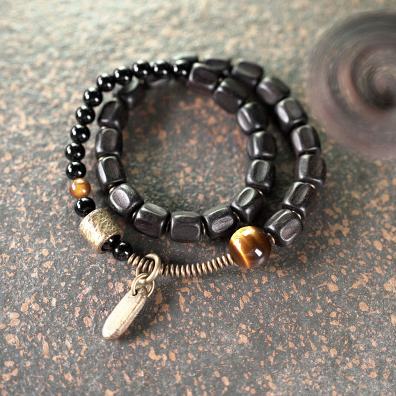 Buddha Stones Ebbenhouten armband van koper en messing met tijgeroog en vredesmotief, dubbele Armband - image 9