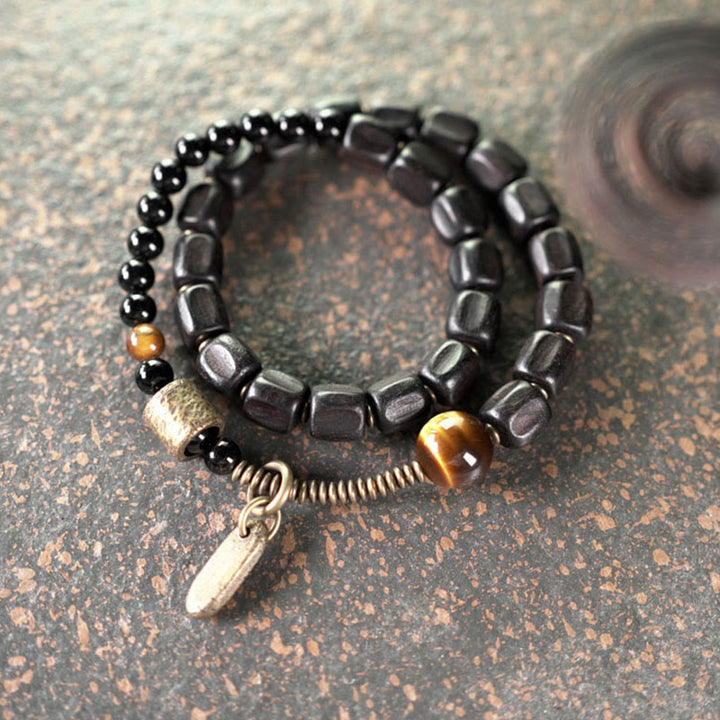 Buddha Stones Ebbenhouten armband van koper en messing met tijgeroog en vredesmotief, dubbele Armband - image 9