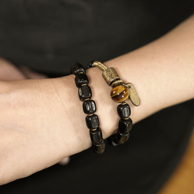 Buddha Stones Ebbenhouten armband van koper en messing met tijgeroog en vredesmotief, dubbele Armband - image 4