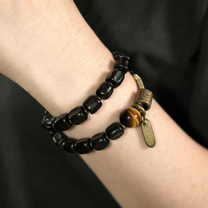 Buddha Stones Ebbenhouten armband van koper en messing met tijgeroog en vredesmotief, dubbele Armband - image 3