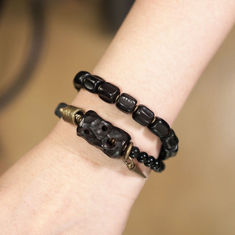 Buddha Stones Ebbenhout, zwarte obsidiaan, koper, messing, Armband met dubbele wikkeling - image 17