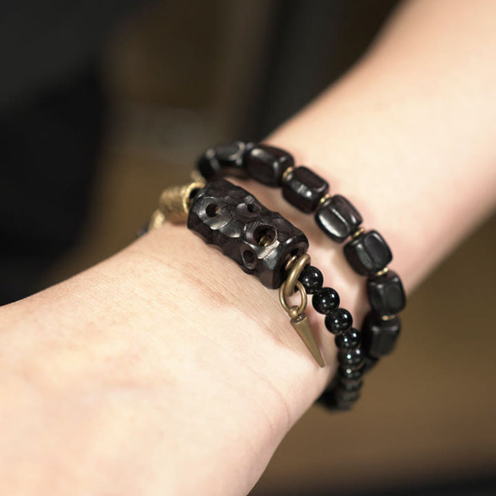 Buddha Stones Ebbenhout, zwarte obsidiaan, koper, messing, Armband met dubbele wikkeling - image 15