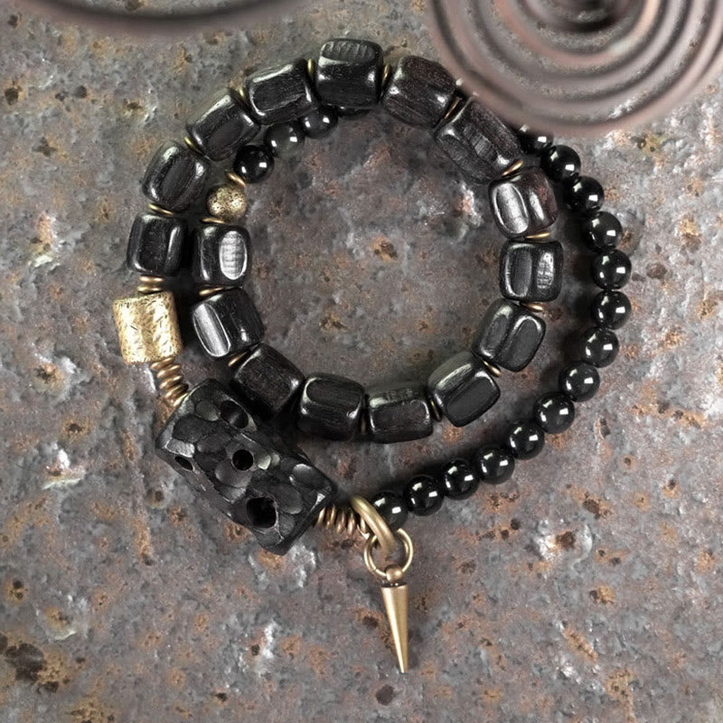Buddha Stones Ebbenhout, zwarte obsidiaan, koper, messing, Armband met dubbele wikkeling - image 1