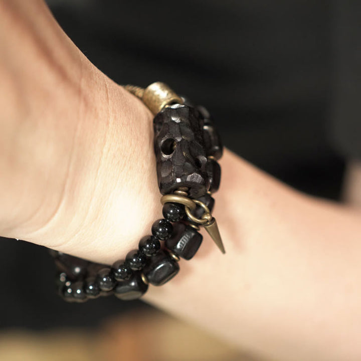 Buddha Stones Ebbenhout, zwarte obsidiaan, koper, messing, Armband met dubbele wikkeling - image 16