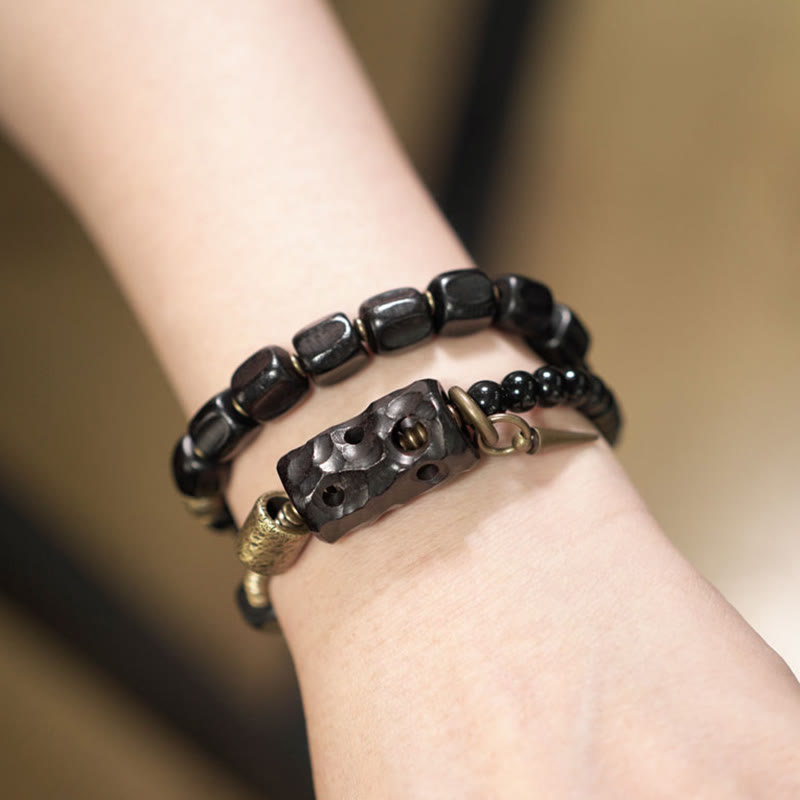 Buddha Stones Ebbenhout, zwarte obsidiaan, koper, messing, Armband met dubbele wikkeling - image 4