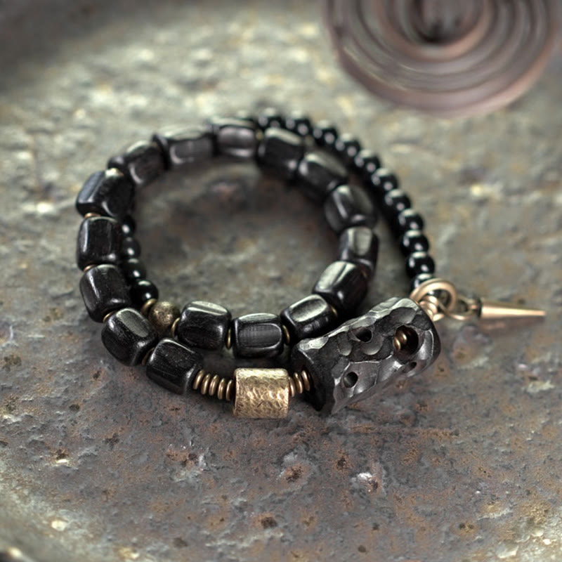 Buddha Stones Ebbenhout, zwarte obsidiaan, koper, messing, Armband met dubbele wikkeling - image 8