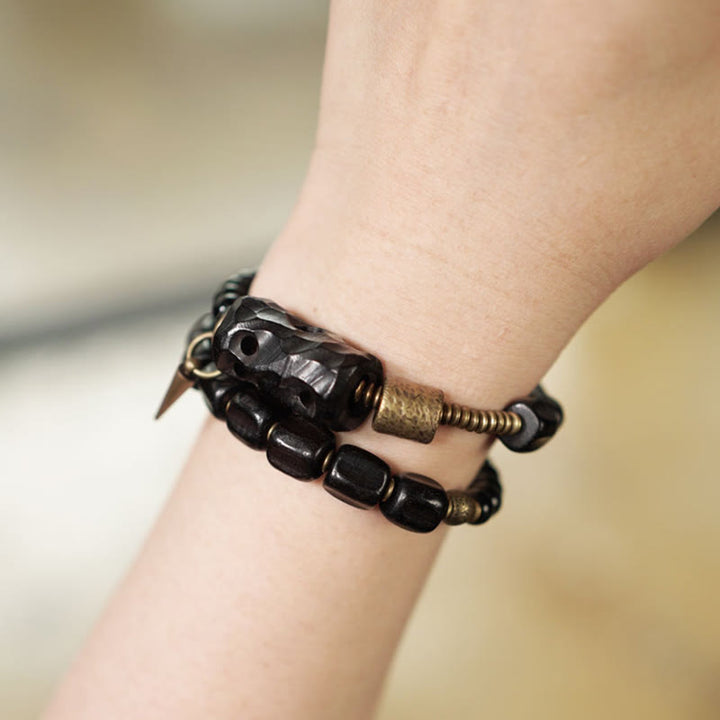 Buddha Stones Ebbenhout, zwarte obsidiaan, koper, messing, Armband met dubbele wikkeling - image 19