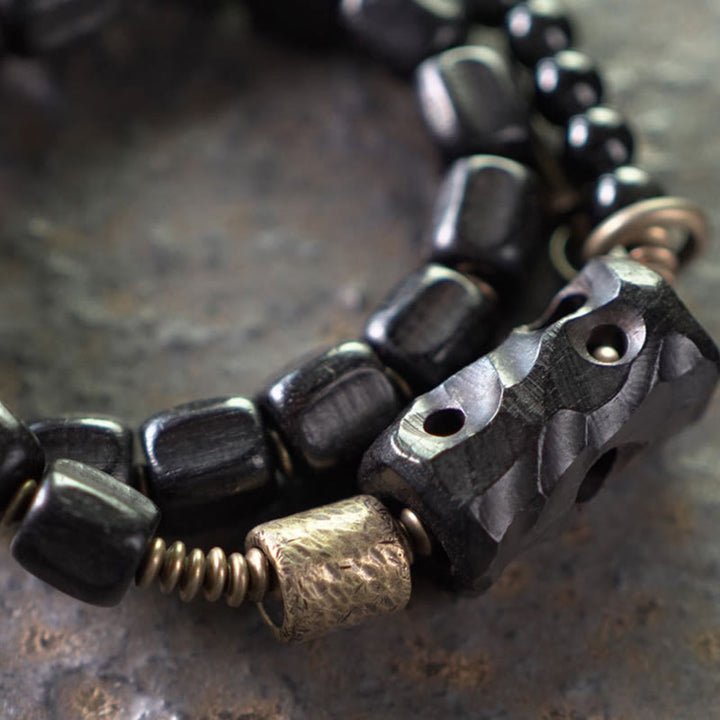 Buddha Stones Ebbenhout, zwarte obsidiaan, koper, messing, Armband met dubbele wikkeling - image 3
