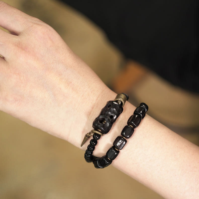 Buddha Stones Ebbenhout, zwarte obsidiaan, koper, messing, Armband met dubbele wikkeling - image 14