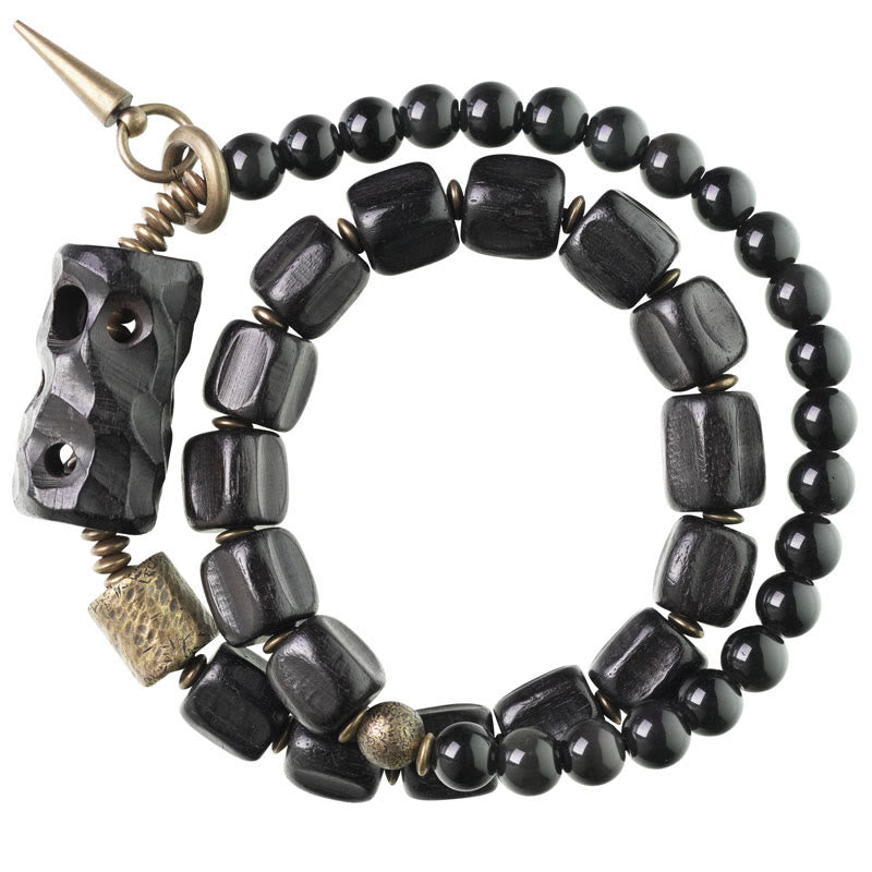 Buddha Stones Ebbenhout, zwarte obsidiaan, koper, messing, Armband met dubbele wikkeling - image 12