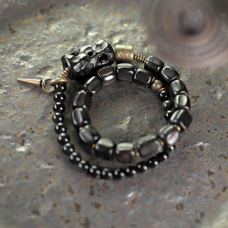 Buddha Stones Ebbenhout, zwarte obsidiaan, koper, messing, Armband met dubbele wikkeling - image 2