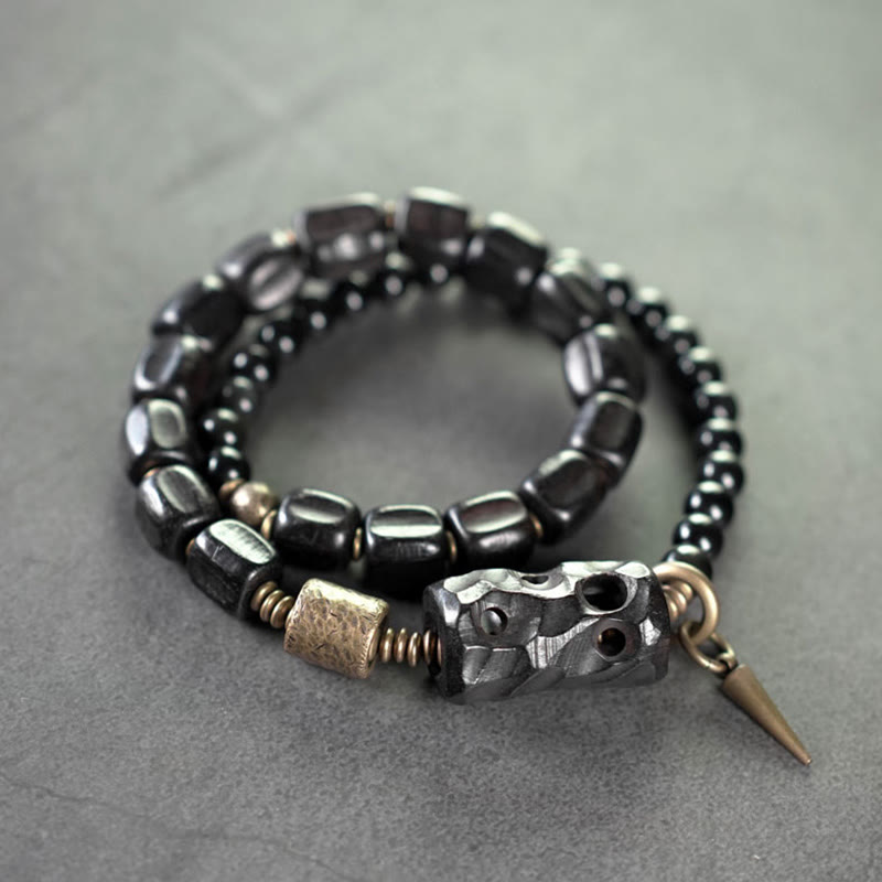 Buddha Stones Ebbenhout, zwarte obsidiaan, koper, messing, Armband met dubbele wikkeling - Ebbenhout, zwarte obsidiaan, messing (Polsomtrek: 17-17,5 cm) - image 0