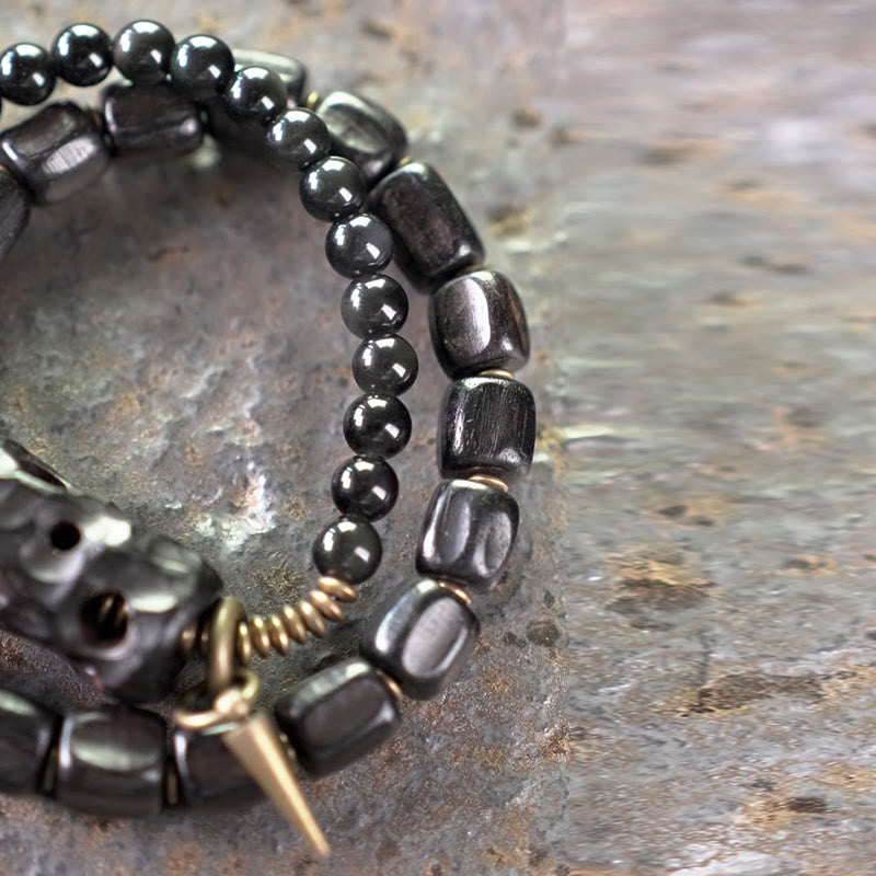 Buddha Stones Ebbenhout, zwarte obsidiaan, koper, messing, Armband met dubbele wikkeling - image 9